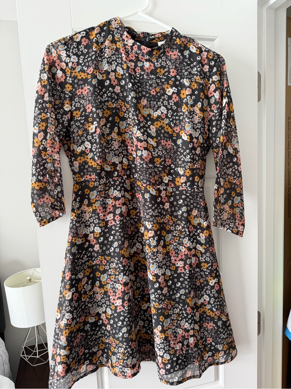 Floral Fit & Flare Mini Dress - Pink, Mustard & White on Black